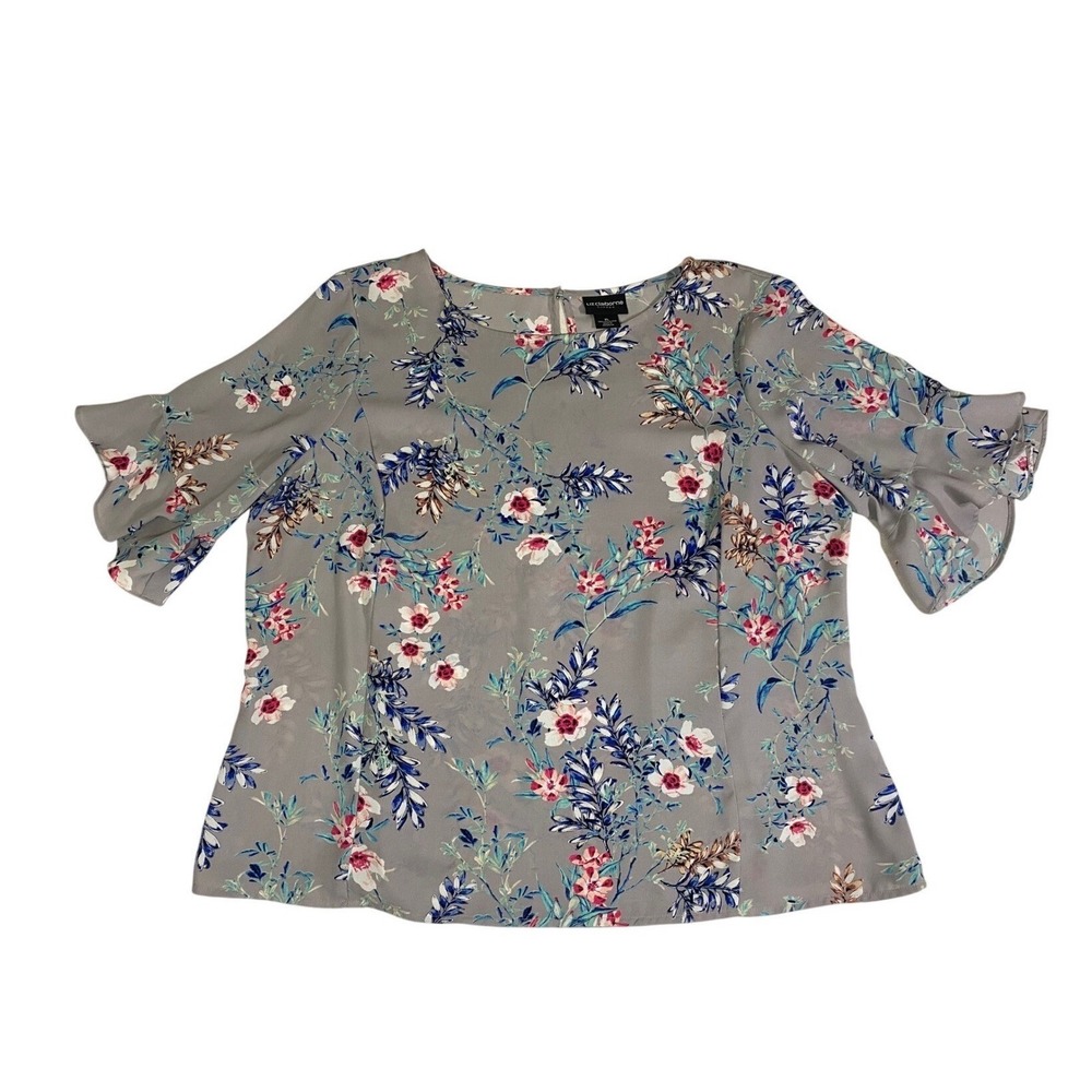 Liz Claiborne Career Womens XL Gray Floral Bell Sleeve Ruffle Blouse Top - Picture 2 of 8